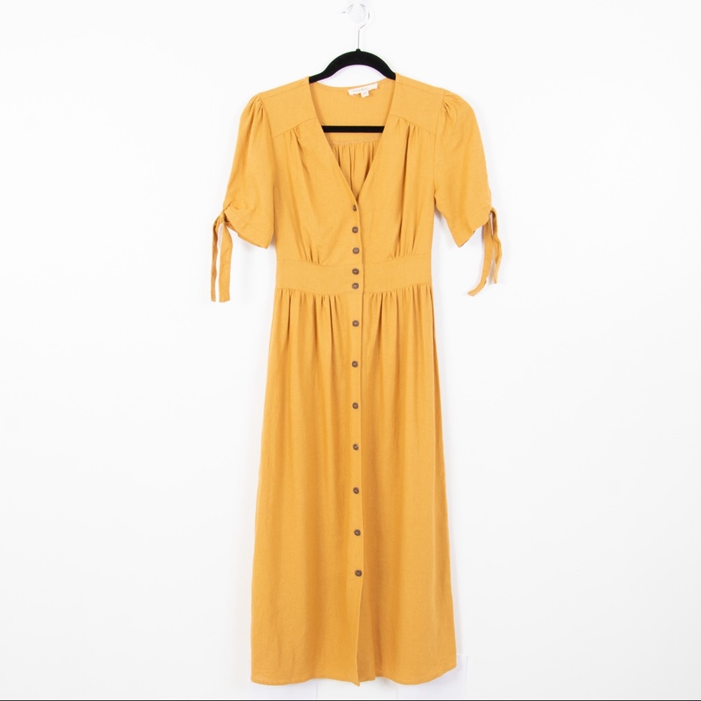 Rebellion Mustard Button Down Linen Midi Dress